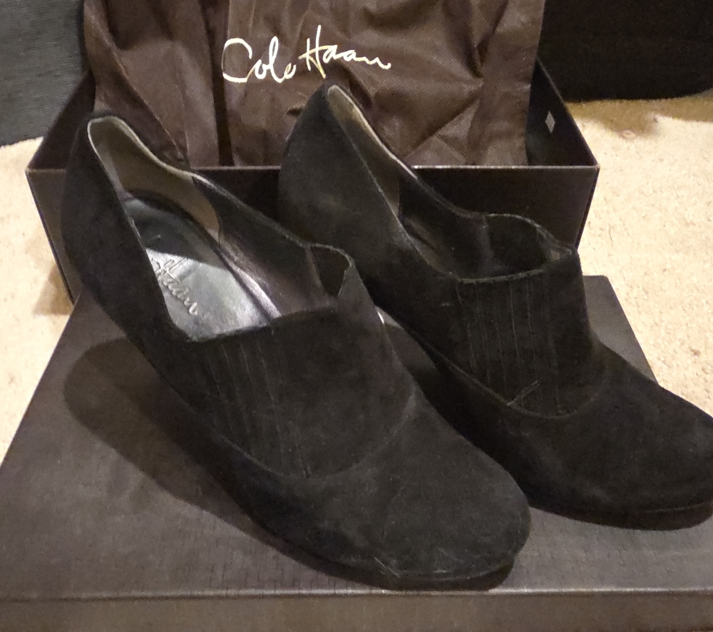 Cole Haan Black Suede Low Wedge Slip-On Pumps